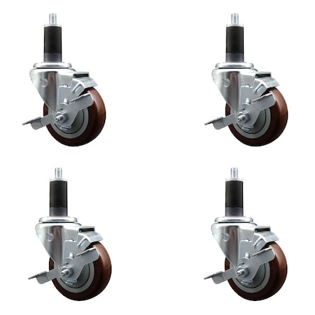 Service Caster 3.5'' Maroon Poly Swivel 1-1/4'' Expanding Stem Caster Set with Brake, 4PK SCC-EX20S3514-PPUB-MRN-TLB-114-4